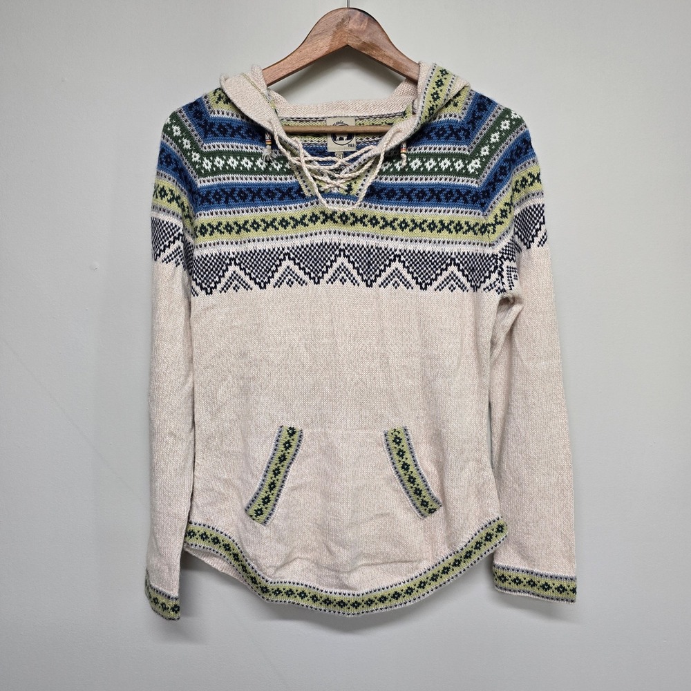 Artesania Olivia Alpaca Sweater Womens Small Cream Blue Fair Isle Knit Hoodie